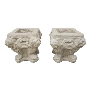Pair of Early 20th Century Painted Square Cast Stone Lion's Heads and Paw Feet Planters