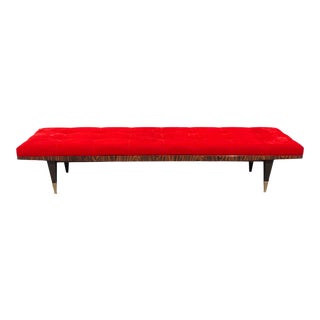 1940s French Art Deco Exotic Macassar Ebony Red Velvet Sitting Bench . For Sale