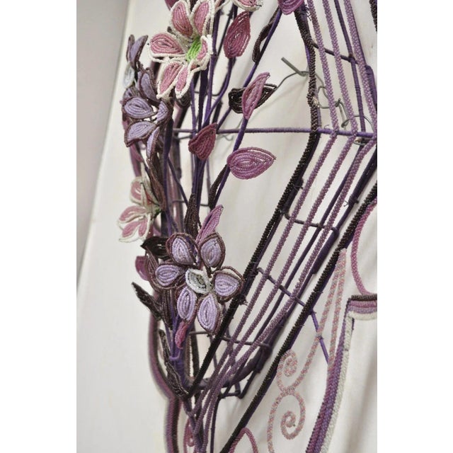 Early 20th Century French Victorian Glass Beaded Purple Flower Casket Wreath Wall Sculpture (A) For Sale - Image 10 of 12