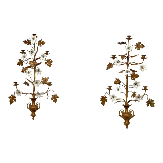 Pair of Late 19th Century French Gilt Metal and Opaline Glass Five-Light Floral Candle Sconces For Sale