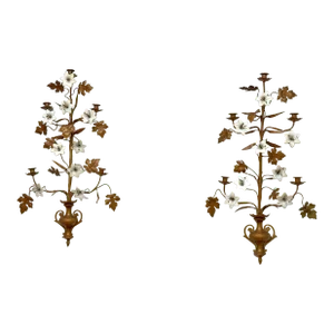 Pair of Late 19th Century French Gilt Metal and Opaline Glass Five-Light Floral Candle Sconces