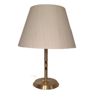 Vintage Table Lamp with Brass Base and Cream-Colored Fabric Shade by Sölken-Leuchten, 1994 For Sale