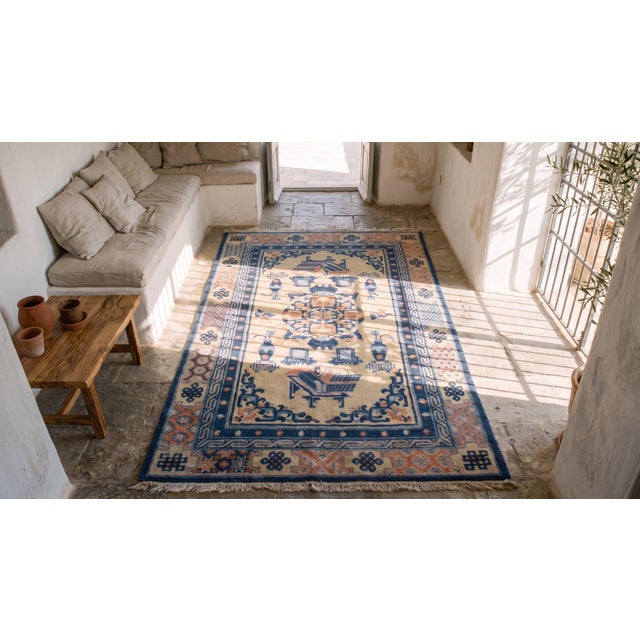 Beige 1850s Beige Medallion Antique Chinese Ningxia Rug 4' 4" X 7' 4" Handknotted Wool Carpet For Sale - Image 8 of 8