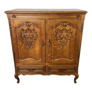 Vintage French Louis XIV Oak Sideboard with Carved Cupboard For Sale