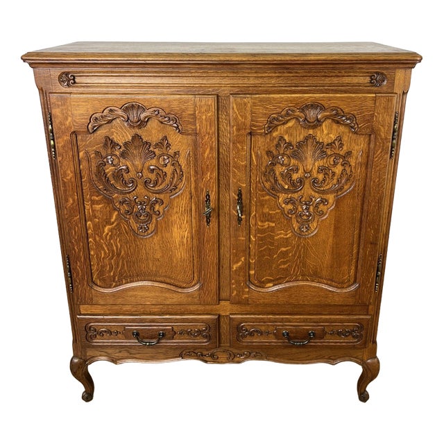 Vintage French Louis XIV Oak Sideboard with Carved Cupboard For Sale