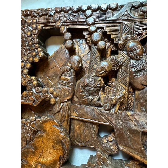 Wood Antique Asian Hand-Carved Wall Art Wood Sculpture Fine Art Scenes For Sale - Image 7 of 12