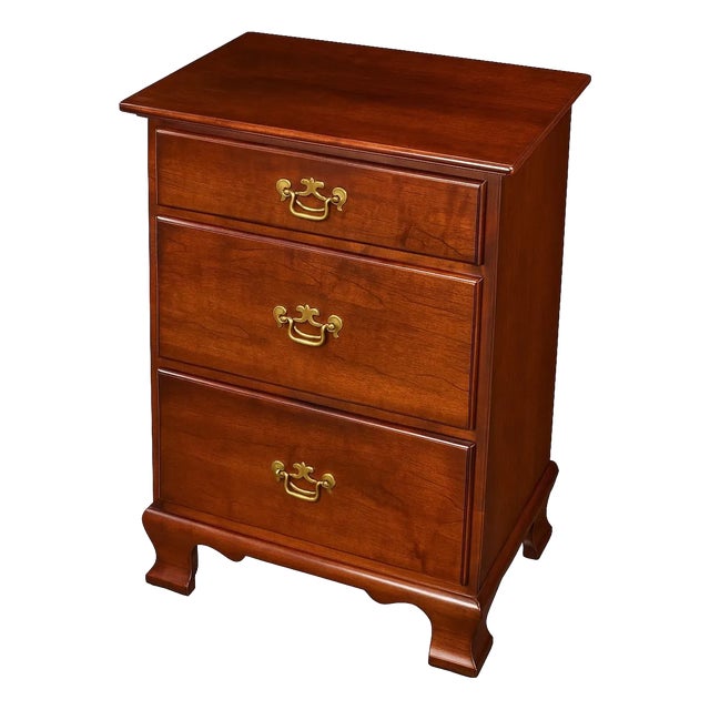 Stickley Solid Cherry Three-Drawer Nightstand or Bedside Chest With Brass Hardware For Sale
