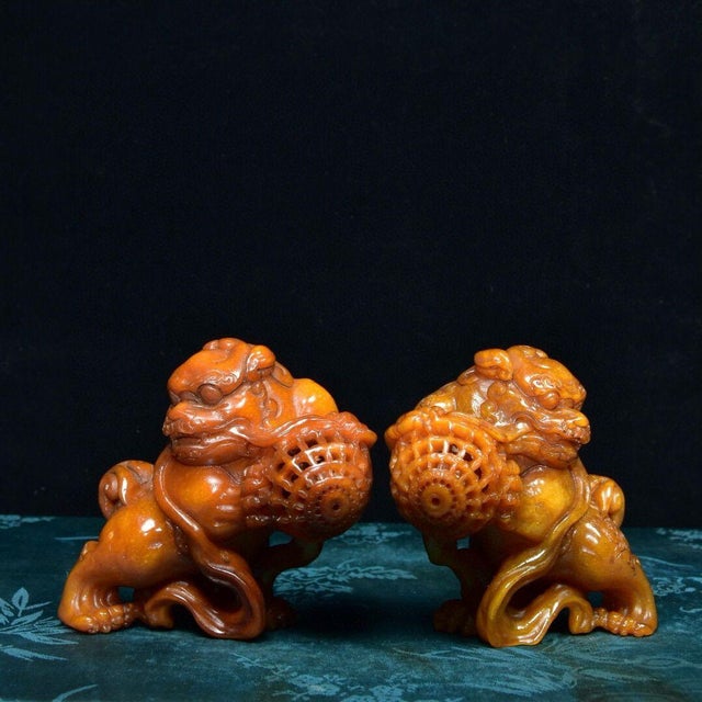Traditional Pair of Shoushan Stone Guardian Lions – 3" Foo Dogs With Brocade Balls For Sale - Image 3 of 9