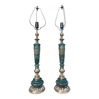 Japanese Bronze & Marble Column Table Lamps - a Pair For Sale