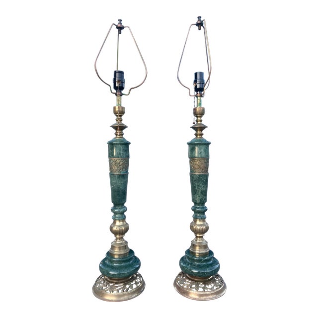Japanese Bronze & Marble Column Table Lamps - a Pair For Sale