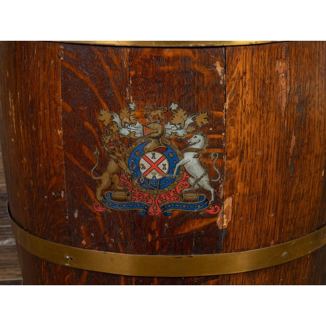 Victorian English Victorian 19th Century Oval Barrel with Coat of Arms and Brass Braces For Sale - Image 3 of 12