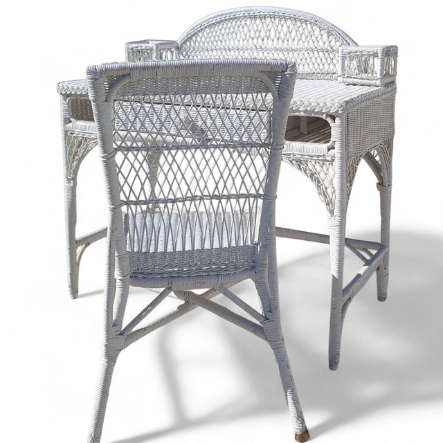 Wood White Woven Wicker Writing Desk and Matching Side Chair For Sale - Image 7 of 18