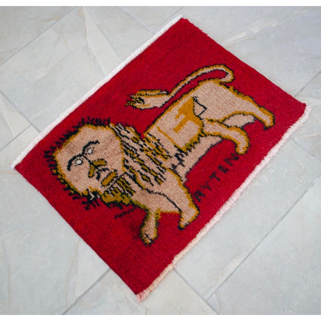 1980s 1980s Hand-Knotted Small Turkish Rug, Lion Motif Wellcome Mat Entry Decor - 22" X 16" For Sale - Image 5 of 10