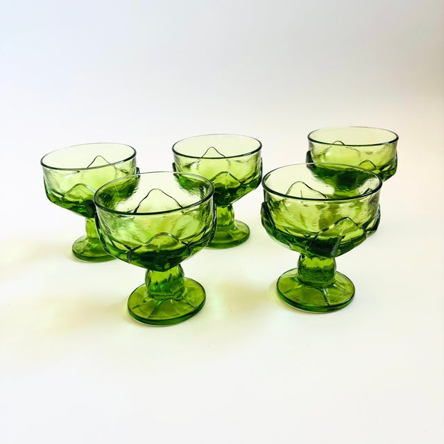 1970s Mid Century Modern Green Textured Coupe Cocktail Glasses - "Green Cabaret" by Tiffin Franciscan - Set of 5 For Sale - Image 9 of 9