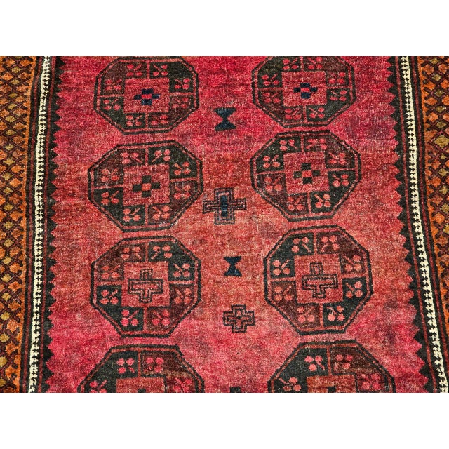 Vintage Afghan Bokhara Area Rug, Hand-Knotted Wool, Allover Geometric Pattern, Plum & Burgundy, 4x5 For Sale - Image 14 of 17