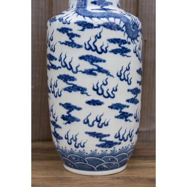 Large Antique Chinese Blue and White Dragon & Fish Porcelain Vase For Sale - Image 10 of 18