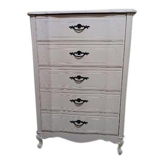 1980s White Wood French Provincial Chest Five Drawer For Sale