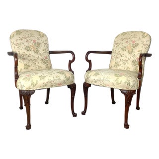 Pair of Georgian Revival Armchairs, Vintage Floral Upholstery For Sale