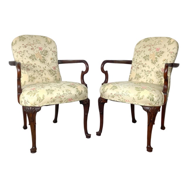 Pair of Georgian Revival Armchairs, Vintage Floral Upholstery For Sale
