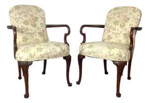 Pair of Georgian Revival Armchairs, Vintage Floral Upholstery