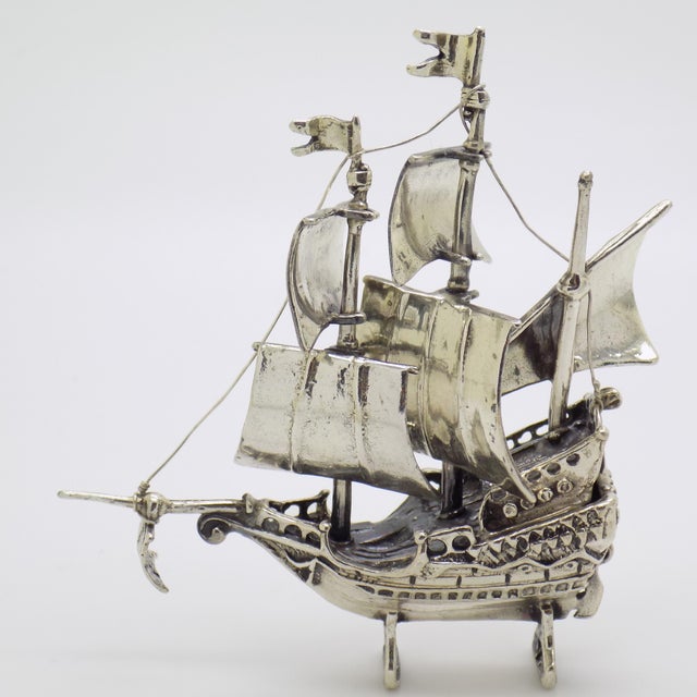 Large Vintage Italian Handmade Silver Caravel Sailing Ship Figurine, Tuscany, Italy, 1980s For Sale - Image 11 of 11