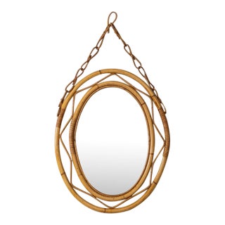 1960s Large Italian Rattan Oval Mirror For Sale