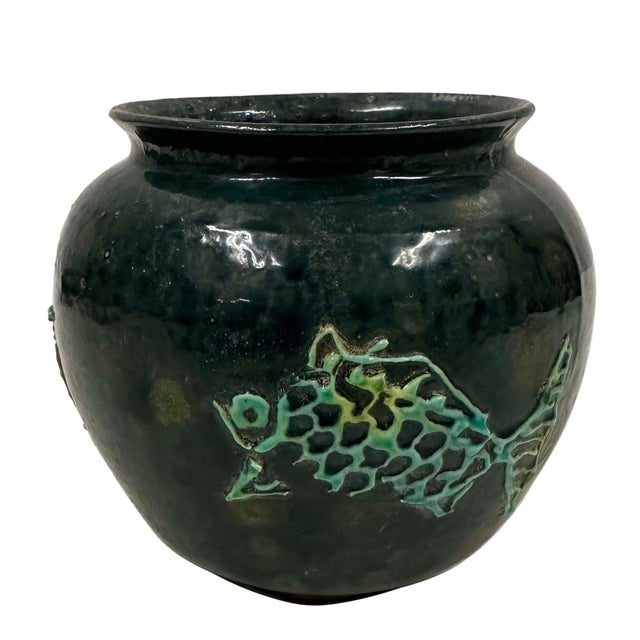 Early 20th Century Vintage Decorative Pottery Fish Jar With Dark Green Glaze For Sale - Image 5 of 8