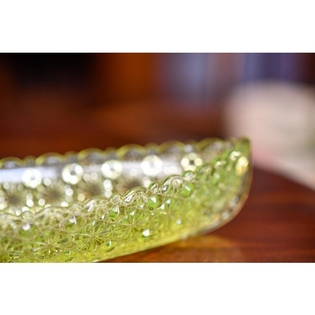 Late 19th Century 1884 Early American Pattern Glass Uranium Vaseline Glass Hobbs Brockunier C. Yacht Pickle or Relish Daisy and Button Scalloped Edges For Sale - Image 5 of 9