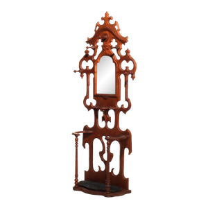 Antique Victorian Gothic Mirrored Walnut Hall Tree With Umbrella Stand C1890