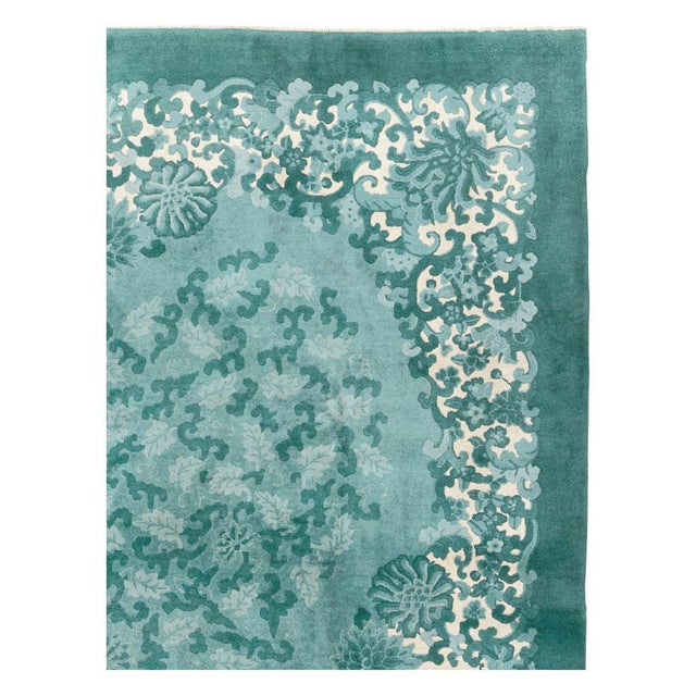 Art Deco Galerie Shabab Collection Mid-20th Century Handmade Chinese Art Deco Room Size Carpet in Green For Sale - Image 3 of 10