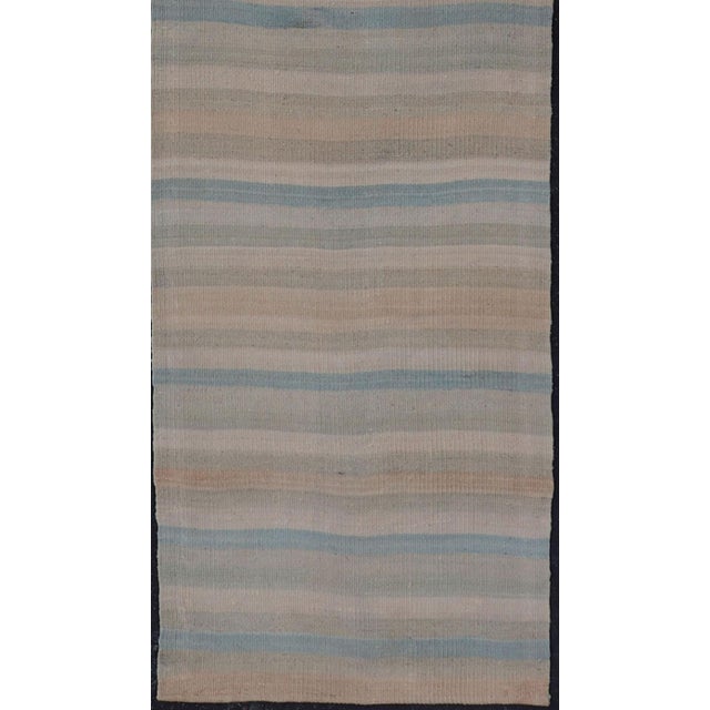 Textile Vintage Turkish Kilim Runner Pastel Stripes Ivory Blue Beige Wool Rug For Sale - Image 7 of 11