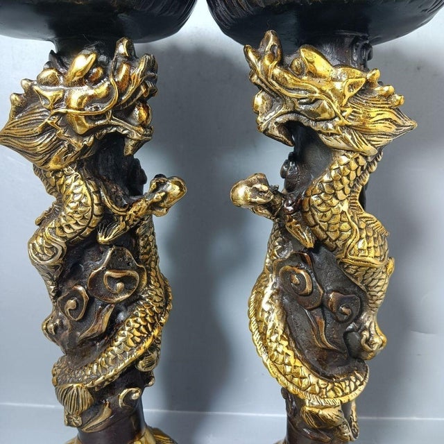 Metal Pair of Gilt Bronze Dragon Candlesticks, Lotus Top Candle Holders, Chinoiserie Altar Decor For Sale - Image 7 of 9