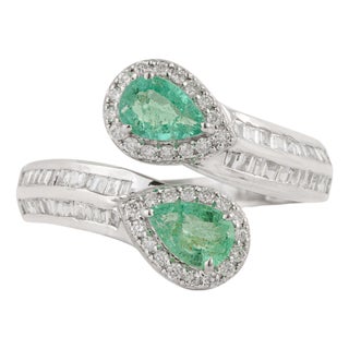 Contemporary Emerald Diamond Cluster Bypass Ring in 14k Gold Size 4 For Sale