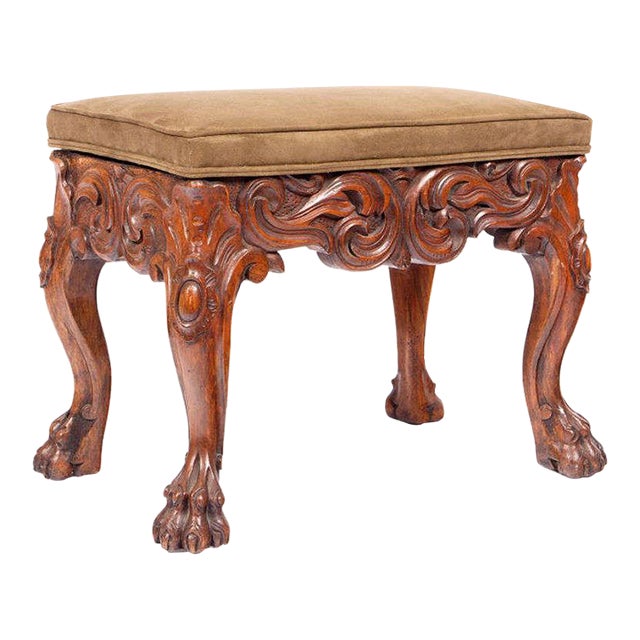19th Century Heavily Carved Mahogany Stool on Paw Feet | Chairish