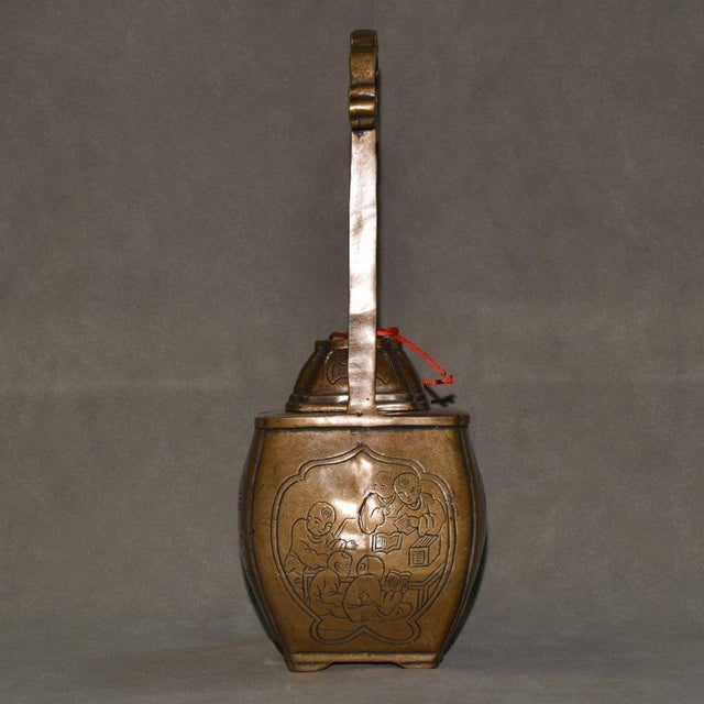 Metal Vintage Copper Wine Pot | Figural Scene Panel | Chinese Square Kettle With Handle For Sale - Image 7 of 9