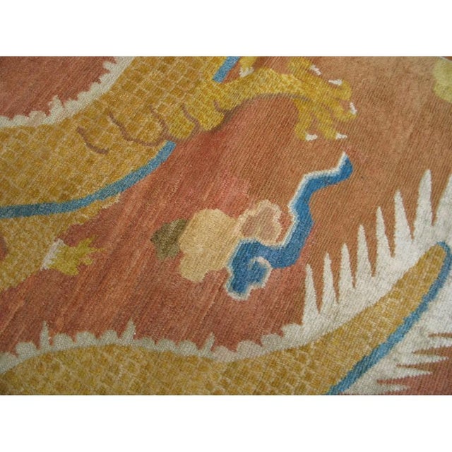 Chinese 1750s Antique Apricot Imperial Dragon Geometric Chinese Ningxia Small Rug For Sale - Image 3 of 8