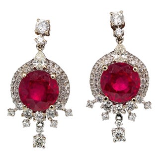 8mm, 5.6cts Madagascar Ruby & Natural Diamonds Dangle Earrings in Solid 14k Gold- 2 pieces For Sale