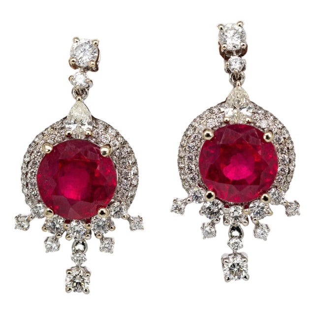 8mm, 5.6cts Madagascar Ruby & Natural Diamonds Dangle Earrings in Solid 14k Gold- 2 pieces For Sale