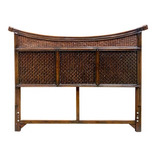 Vintage Woven Rattan Pagoda Queen Headboard For Sale