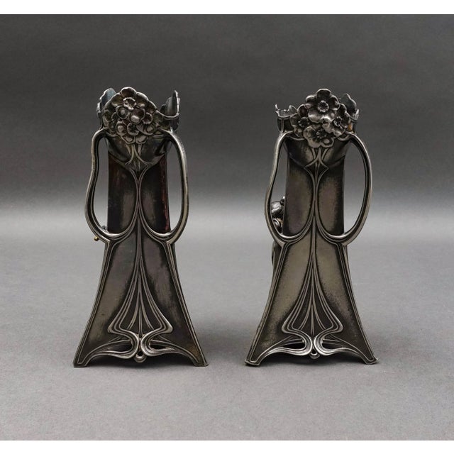 Art Nouveau Mid 20th Century Wmf Germany Pair of Art Nouveau Silver Plated Girl With Harp Flute Vases For Sale - Image 3 of 10