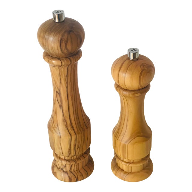 1990s Williams Sonoma Olive Wood Tall Salt and Pepper Shakers For Sale