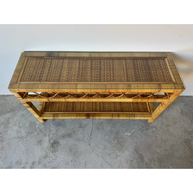 Vintage Coastal Rattan Two-Tier Console Table With Glass Top/Sold For Sale In Miami - Image 6 of 12