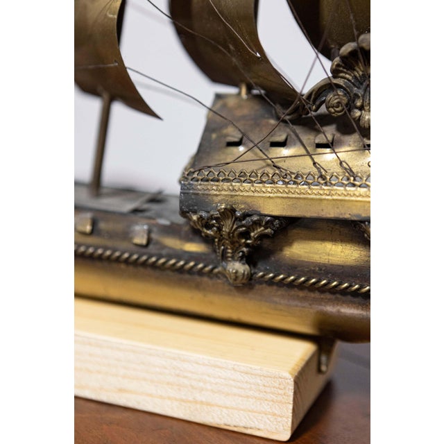Mid 20th Century Venetian Brass Four-Masted Model Ship with Detailed Décor, Mounted on Base For Sale - Image 4 of 9
