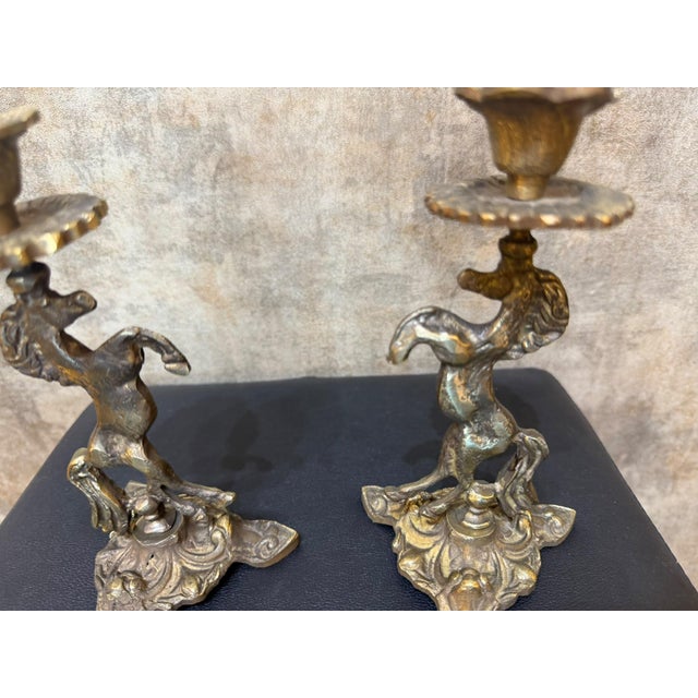 Antiqued Brass Horse Candlestick Pair For Sale In Los Angeles - Image 6 of 10