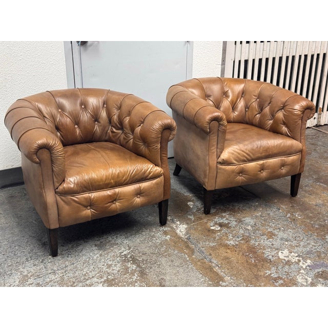 Brown Restoration Hardware 1930's English Tufted Leather Tub Chairs, Pair For Sale - Image 8 of 12
