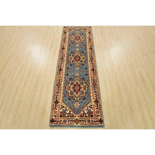 Tribal Heriz Runner 2’6” X 7’11” Blue Wool Tribal Hand-Knotted Oriental Rug For Sale - Image 3 of 12