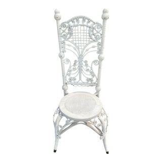 Late 19th Century Victorian White Wicker Rattan Desk Side Vanity High Back Portrait Chair For Sale