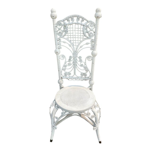 Late 19th Century Victorian White Wicker Rattan Desk Side Vanity High Back Portrait Chair For Sale