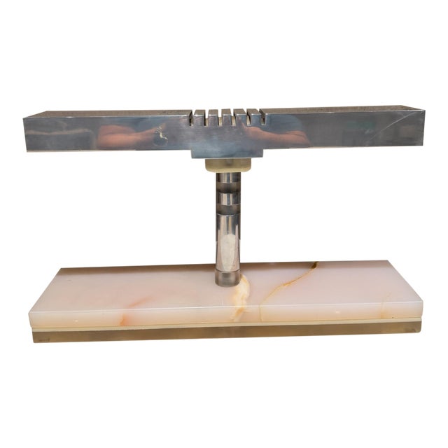 Mid-Century Modern Desk Lamp Polished Aluminum Shade Luxurious Stone For Sale