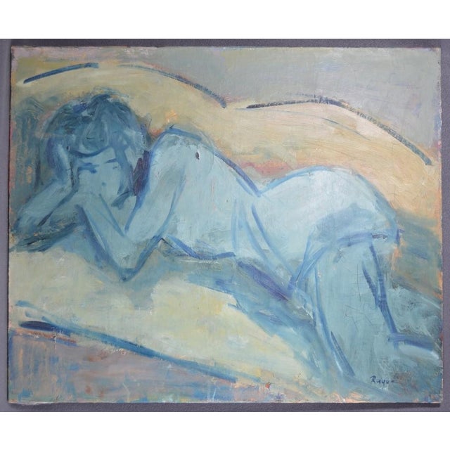 Rayuz (20th Century) “Blue Reclining Nude”, circa 1965–1975 Oil on canvas, signed lower right “Rayuz”. Evocative modernist...